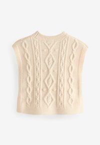 Hellbeige ärmelloser Strickpullover mit Zopfmuster, strukturierten Stichen und einem runden Halsausschnitt. Akzente mit erhabenen Punkten und Rauten.
