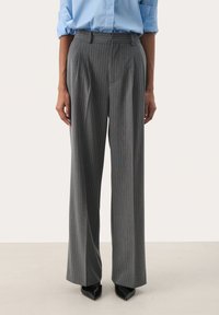 Gray tailored trousers with a pinstripe pattern, featuring a high waist, wide leg, and front pleats. Material appears lightweight, smooth texture.