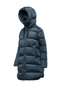 Manteau en duvet bleu marine avec une capuche spacieuse, des sections cousues verticalement, des poches avant et des accents de fermeture éclair noire. Conception isolée et longueur genoux.