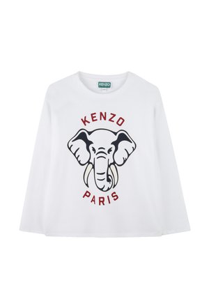 Witte lange mouwen T-shirt met een zwart en grijs olifantenprint en rode tekst "KENZO PARIS" eronder. Gemaakt van zachte katoen.