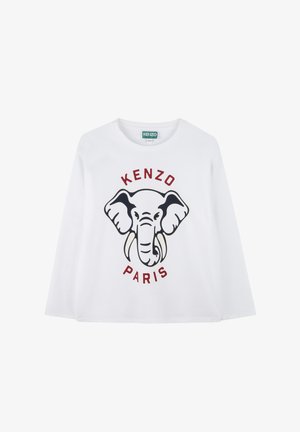 T-shirt blanc à manches longues avec un imprimé éléphant noir et gris, accompagné d'un texte rouge "KENZO PARIS" en dessous. Fabriqué en coton doux.
