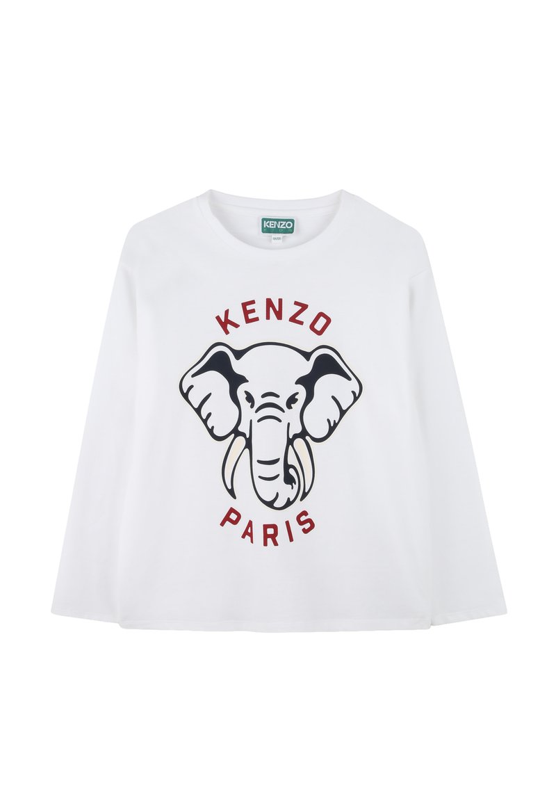 T-shirt blanc à manches longues avec un imprimé éléphant noir et gris, accompagné d'un texte rouge "KENZO PARIS" en dessous. Fabriqué en coton doux.