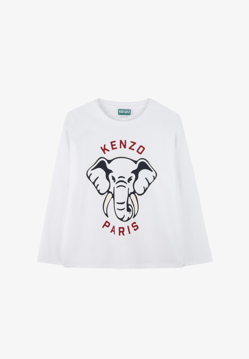 T-shirt blanc à manches longues avec un imprimé éléphant noir et gris, accompagné d'un texte rouge "KENZO PARIS" en dessous. Fabriqué en coton doux.