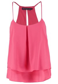 Top sin mangas de color rosa con escote pronunciado y dobladillo en capas. Confeccionado en una tela ligera, presenta tirantes delgados para mayor soporte.