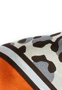 Leopard print pattern in gray and black on a soft fabric, bordered by orange and light blue stripes, featuring a smooth texture.