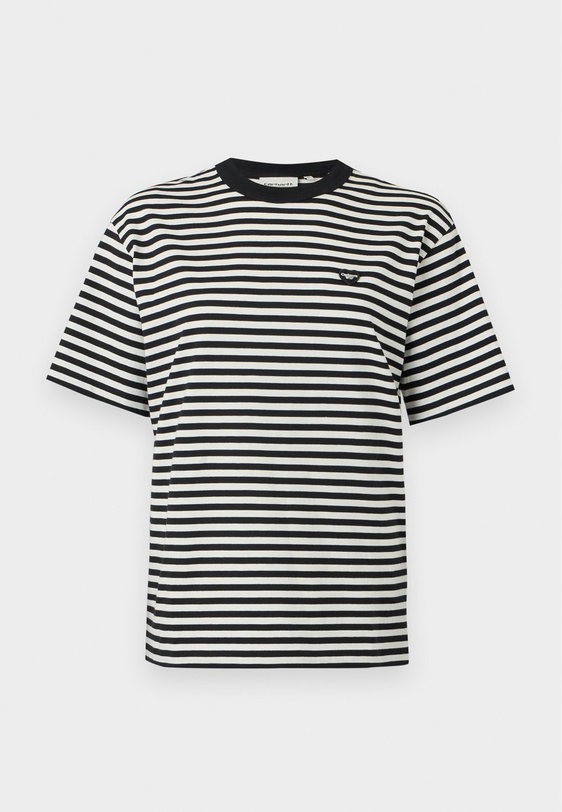 T-shirt a maniche corte a righe orizzontali bianco e nero con una piccola toppa nera con il logo sul petto sinistro e colletto nero.