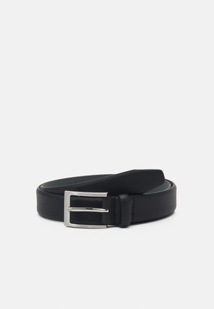 Black leather belt with a smooth texture, silver rectangular buckle, and a sleek design. Accents include visible stitching and logo detail.