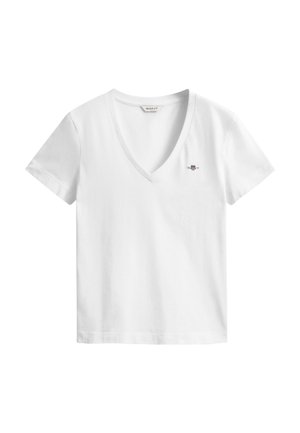 Wit T-shirt met korte mouwen en V-hals, gemaakt van katoen, met een klein geborduurd logo op de borst. Gladde textuur en klassieke pasvorm.