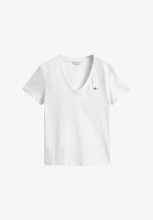 Wit T-shirt met korte mouwen en V-hals, gemaakt van katoen, met een klein geborduurd logo op de borst. Gladde textuur en klassieke pasvorm.