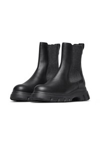 Bottes noires à la cheville avec un extérieur en cuir lisse, des panneaux latéraux élastiques et une semelle en caoutchouc épaisse. Le design présente de subtils accents textiles.