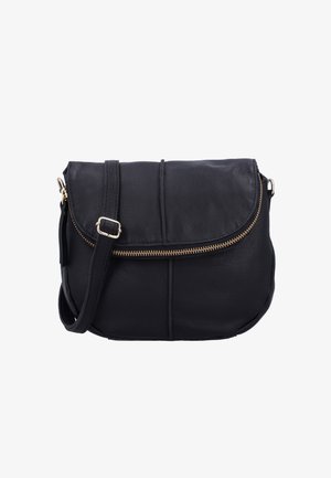 Čierna kožená kabelka cez telo s oble zakrivenou klopou, zlatým zipsom a nastaviteľným ramenným popruhom. Disponuje hladkým povrchom a jemne prešitými detailmi.