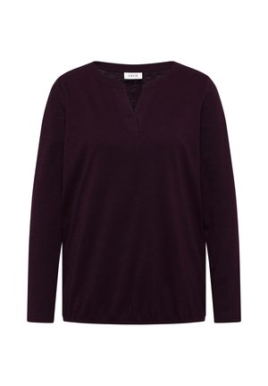 Langermige, diep paarse damesblouse met een V-hals en een zachte textuur. Eenvoudig ontwerp zonder patronen of versieringen.
