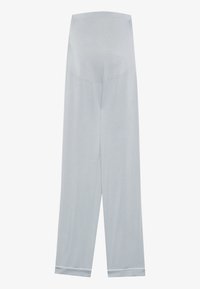 Ljust gråa gravidbyxor med en bred, elastisk midja, flytande tyg och lösa, korta ben. Har en enkel design utan mönster.