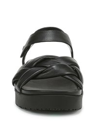 Zwarte leren sandalen met gevlochten bovenwerk, verstelbare band en platte zool. Beschikt over een gladde textuur en een chunky plateau.