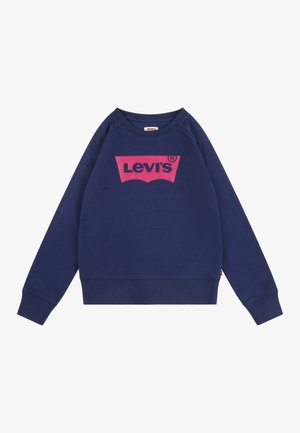 Sudadera azul marino de Levi's con mangas largas y puños acanalados, que presenta un gran logo rosa de Levi's en el centro frontal.