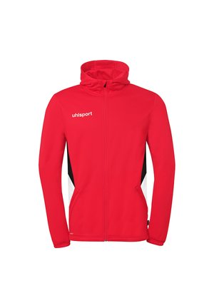 Rote Sportjacke mit Reißverschluss und Kapuze, schwarzen und weißen Seitenpanelen sowie dem "uhlsport"-Logo auf der linken Brust.