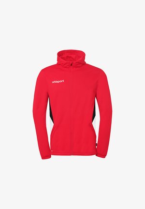 Veste de sport rouge zippée avec capuche, panneaux latéraux noirs et blancs, et logo "uhlsport" sur la poitrine gauche.