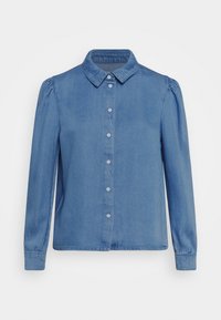 Denimová košile v světle modré barvě s knoflíkovým zapínáním, špičatým límcem a dlouhými rukávy s nařasením na ramenou.
