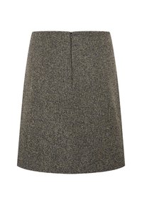 Jupe grise en tweed taille haute, longueur genou, avec de subtiles taches noires et beiges, dotée d'une fermeture éclair au dos.