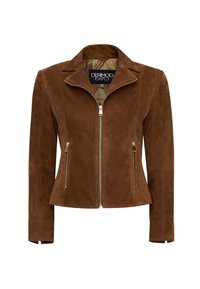 Bruine suede jas met een rits aan de voorkant, een getailleerd ontwerp, goudkleurige ritsen en een geknipt kraag. Voering met een subtiel patroon.