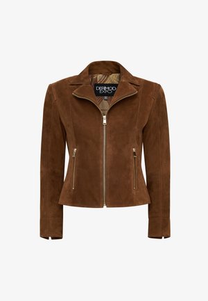 Chaqueta de ante marrón con cierre de cremallera en el frente, diseño ajustado, cremalleras en tono dorado y cuello con muesca. Interior forrado con un patrón sutil.