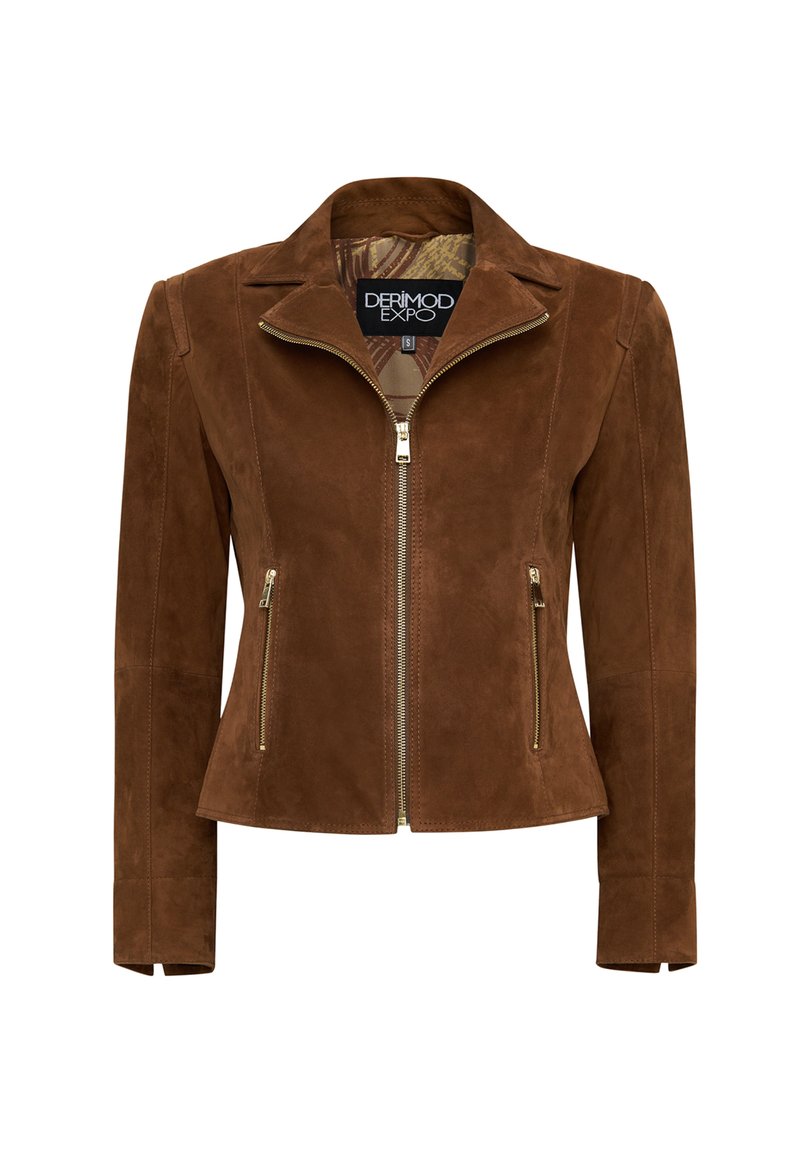 Bruine suede jas met een rits aan de voorkant, een getailleerd ontwerp, goudkleurige ritsen en een geknipt kraag. Voering met een subtiel patroon.