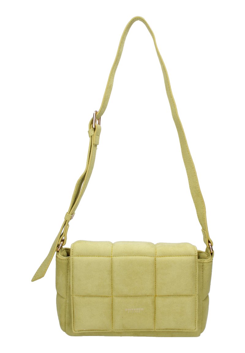 Borsa a tracolla in suede giallo imbottito con una singola tracolla regolabile, forma rettangolare e logo del marchio discreto sul davanti.