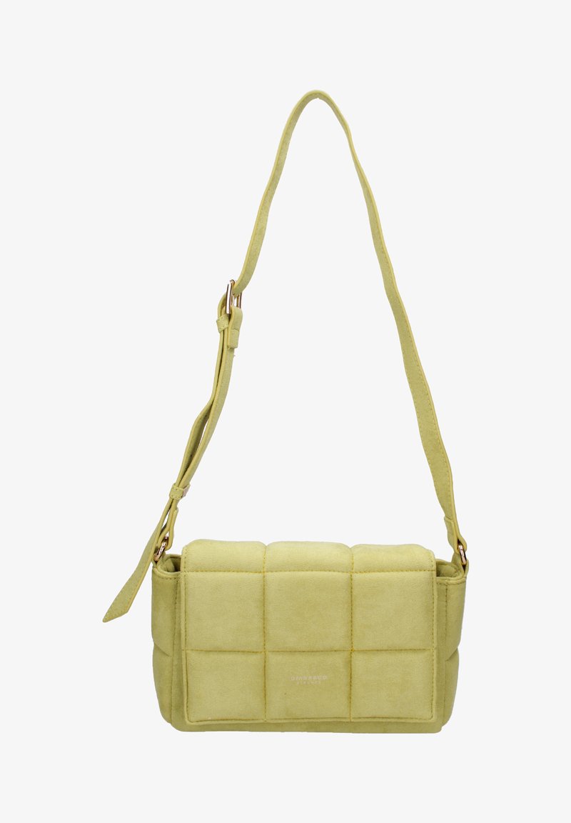 Borsa a tracolla in suede giallo imbottito con una singola tracolla regolabile, forma rettangolare e logo del marchio discreto sul davanti.
