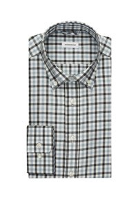 Camicia a quadrati nei colori blu, nero e bianco. Collo button-down, maniche lunghe con polsino singolo. La texture del tessuto appare liscia e leggera.