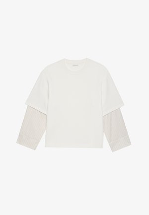 Balta īsām piedurknēm krekls ar ribotu, gaiši pelēku garām piedurknēm. Vienkāršs dizains, apaļš kakla izgriezums, mīksta auduma un brīva piegriezuma.