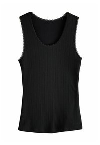 Black sleeveless tank top with subtle vertical lace stripes and scalloped lace trim around neckline and armholes.
