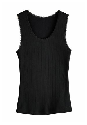 Black sleeveless tank top with subtle vertical lace stripes and scalloped lace trim around neckline and armholes.