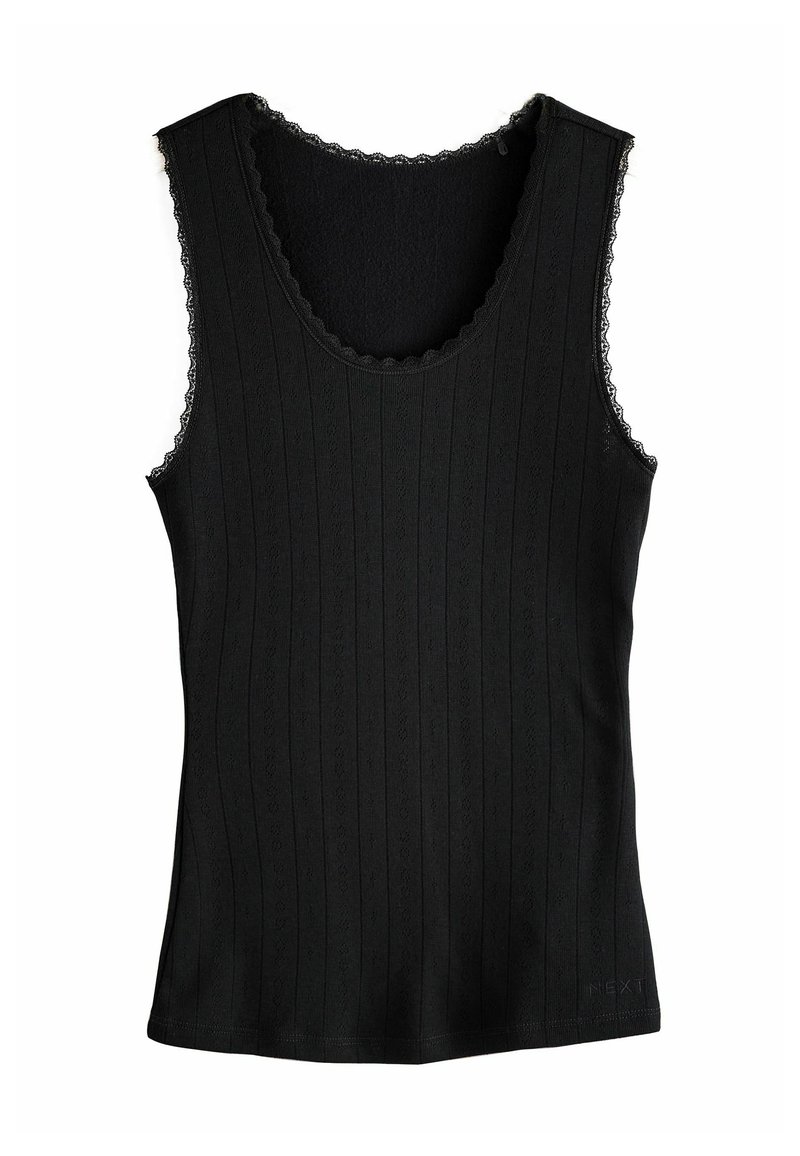 Black sleeveless tank top with subtle vertical lace stripes and scalloped lace trim around neckline and armholes.