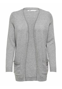 Cardigan gris clair en matière tricot douce. Caractéristiques : ouverture à l'avant, poignets côtelés et deux poches avant. Design simple et texturé.