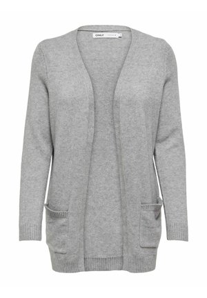 Cardigan gris clair en matière tricot douce. Caractéristiques : ouverture à l'avant, poignets côtelés et deux poches avant. Design simple et texturé.