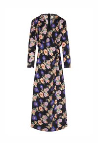 Bloemen wikkeljurk met lange mouwen, met een zwarte achtergrond en kleurrijke bloemen in roze, oranje en blauw. Glad materiaal, knie-lengte.