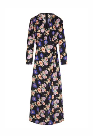 Bloemen wikkeljurk met lange mouwen, met een zwarte achtergrond en kleurrijke bloemen in roze, oranje en blauw. Glad materiaal, knie-lengte.