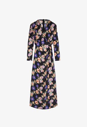 Blumen-Wickelkleid mit langen Ärmeln, das einen schwarzen Hintergrund und bunte Blumen in Pink, Orange und Blau zeigt. Glattes Material, knielang.