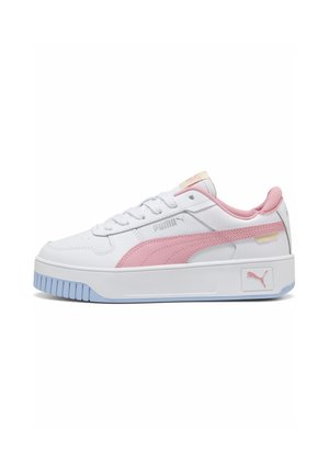 Baskets basses blanches Puma avec une bande rose, doublure intérieure rose, semelle bleu clair, fermeture à lacets, et logo Puma sur le côté et le talon.