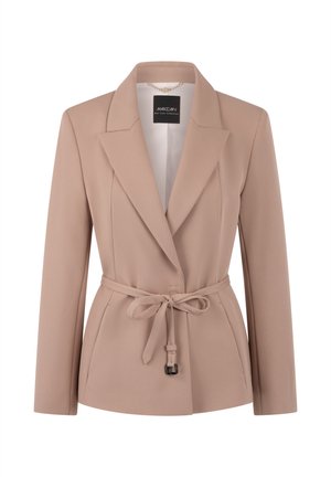 Beige Blazer mit taillierter Passform, gekerbtem Revers und Bindegürtel. Hergestellt aus strukturiertem Stoff, mit Ein-Knopf-Verschluss und gefüttertem Innenfutter.