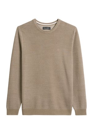 Beige gebreide trui met een ronde halslijn en lange mouwen. Voorzien van een gestructureerd patroon en geribbelde boorden en zoom. Merklipje zichtbaar aan de binnenkant.