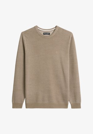 Beige gebreide trui met een ronde halslijn en lange mouwen. Voorzien van een gestructureerd patroon en geribbelde boorden en zoom. Merklipje zichtbaar aan de binnenkant.