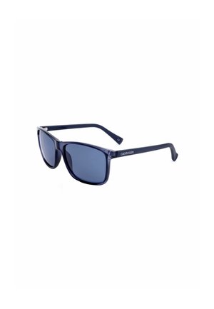 Occhiali da sole rettangolari blu navy Calvin Klein con lenti scure e aste sottili, mostrati su sfondo bianco.