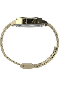 Reloj de metal en tono dorado que presenta una caja redonda, una pulsera enlazada con eslabones rectangulares y un cierre de gancho. Cristal liso sin marcas visibles.