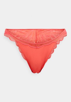 Coral lace and microfiber thong with scalloped edges and floral lace detailing at the back. Smooth texture with a fitted design.