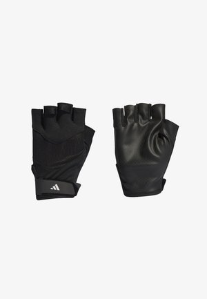 Black fingerless gloves with a textured finish. Features a padded palm, elastic wrist strap, and white logo detail on the strap.