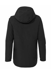 Schwarze wasserdichte Jacke mit Kapuze, ausgestattet mit elastischen Bündchen und einem schlichten Design. Glatte Textur und minimalistischer Stil.