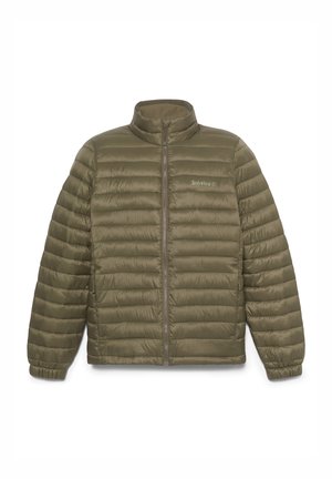 Olivgrüne Steppjacke mit quiltiertem Design, hohem Kragen und durchgehendem Reißverschluss. Besitzt lange Ärmel und ein leichtes synthetisches Material.