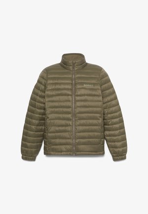 Giubbotto puffer verde oliva con design trapuntato, colletto alto e chiusura con zip completa. Caratterizzato da maniche lunghe e un materiale sintetico leggero.