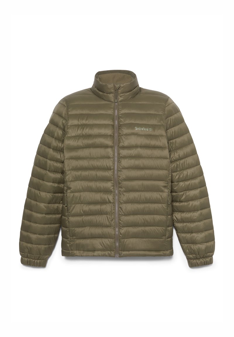 Oliwkowa kurtka puchowa z pikowanym wzorem, wysokim kołnierzem i pełnym zapięciem na zamek. Posiada długie rękawy i lekką syntetyczną tkaninę.